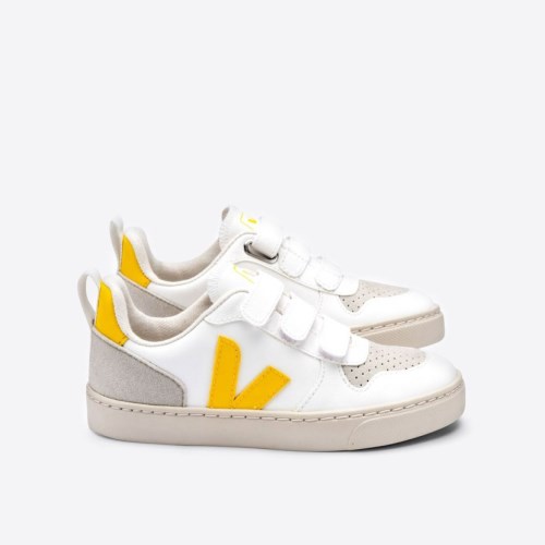 Veja V-10 Velcro CWL Kids Trainers White/Yellow UK 45996